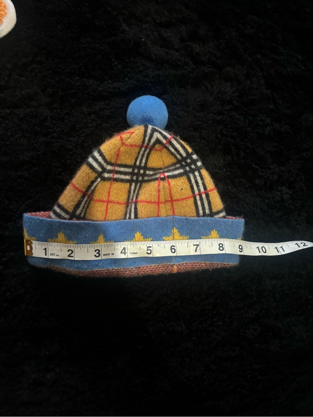 Burberry Yellow Plaid Kids Beanie with Blue Pom